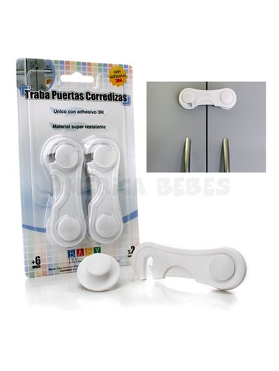 Traba para puertas corredizas o puertas dobles. Fácil de instalar y con botón de apertura. Con pegamento 3M. Baby Innovation-