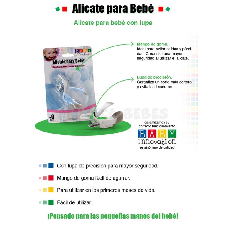 Alicate para uñas de bebé con lupa para mayor precisión y seguridad. Colores surtidos. Baby Innovation.