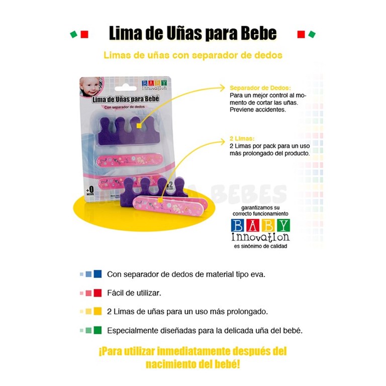 Limas de uñas x2 para bebé con separador de dedos para mayor precisión. Motivo divertido y alegre. Baby Innovation.