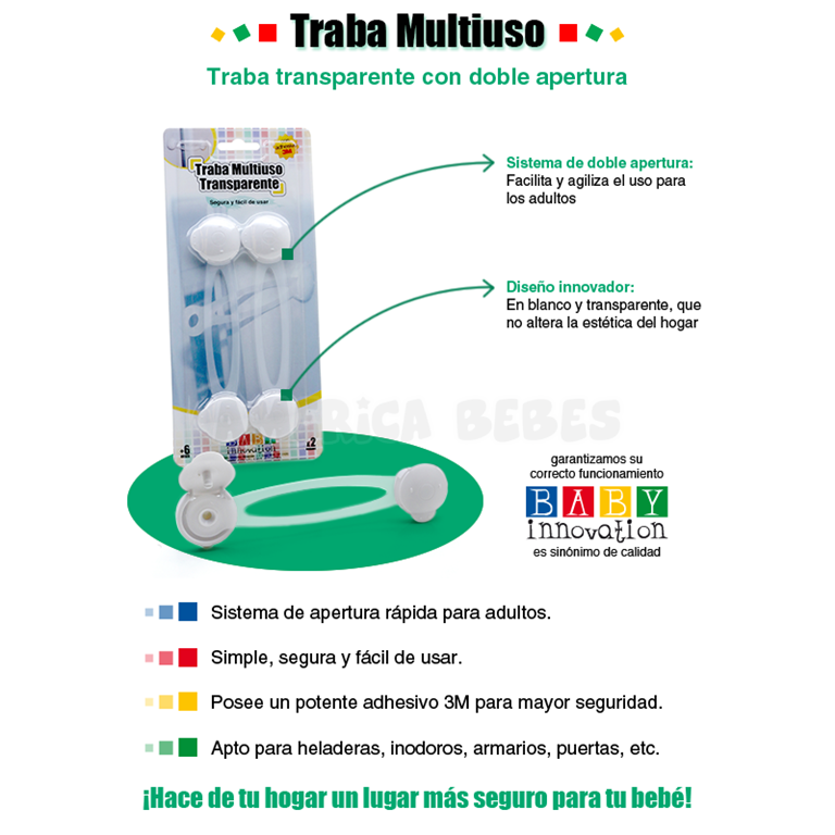 Traba Multiuso LARGA. Transparente con adhesivo 3M. Sistema de doble apertura. Baby Innovation.