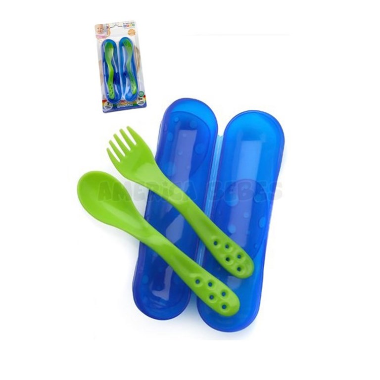 Set Cuchara+Tenedor puntas suaves y redondeadas. Incluye estuche. Baby Innovation-