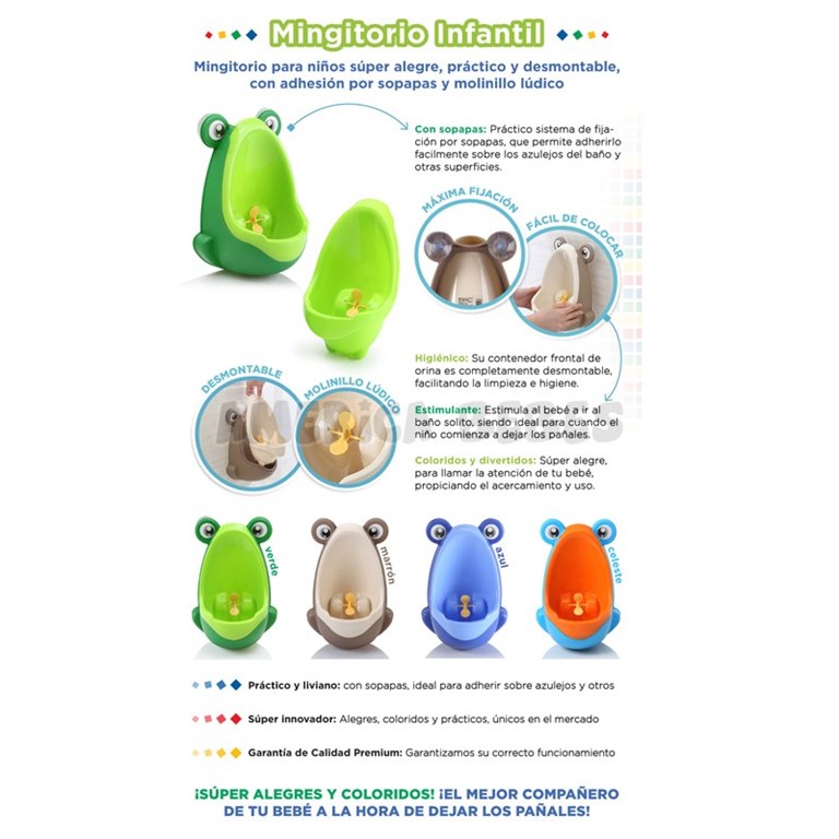 Urinal Mingitorio para nenes, desmontable y doble opción de uso: colgado en la pared o parado en el piso. Con sopapas. Colores surtidos. Baby Innovation.