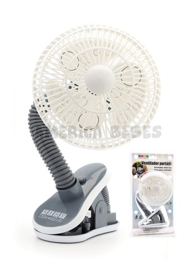 Ventilador portátil ideal para cochecito. Diametro 14 cm. Funciona con 2 pilas AA. Clip sujetador. Baby Innovation