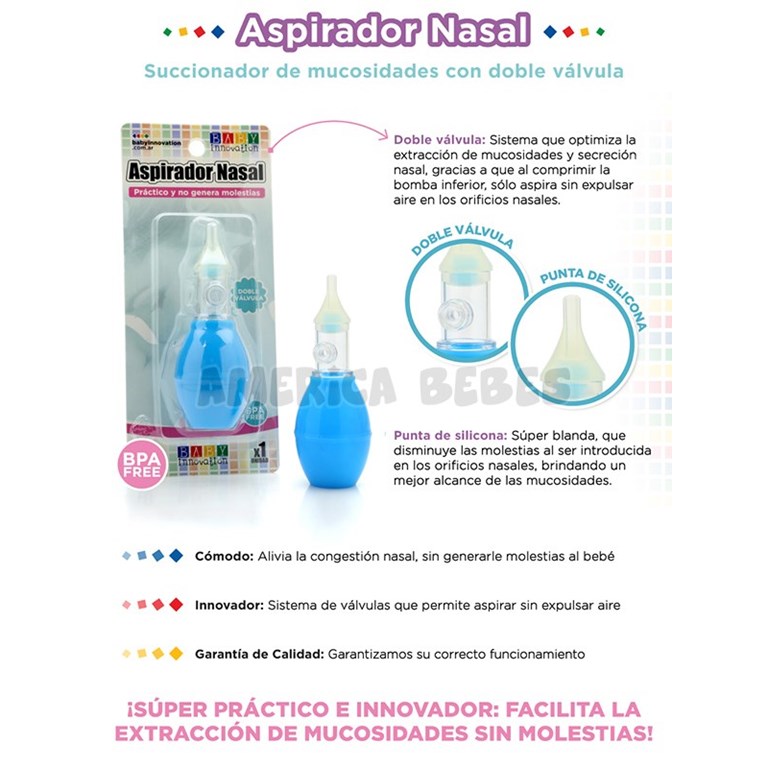 Aspirador nasal. Pico siliconado y sistema de doble válvula, para aspirar sin expulsar aire en los orificios nasales. COLOR AZUL y ROSA Baby Innovation.