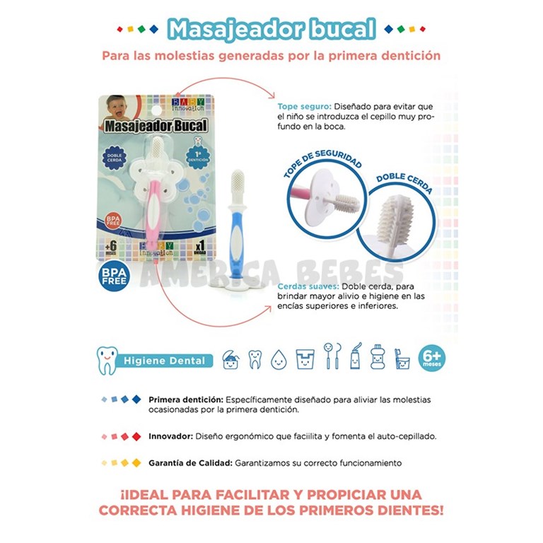 Masajeador bucal. Cepillo de silicona con cerdas extra suaves y tope de seguridad, para la primer etapa de dentición. Baby Innovation.