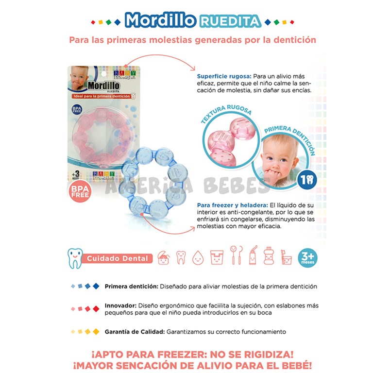 Mordillo ruedita. +3m.  Liquido anticongelante. Textura rugosa. Colores surtidos. Baby Innovation.