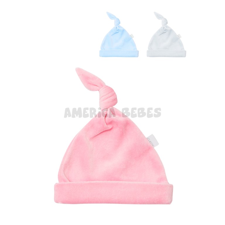 Gorrito bebes Plush con nudo. Colores: Rosa-Celeste-Blanco. Pilim.