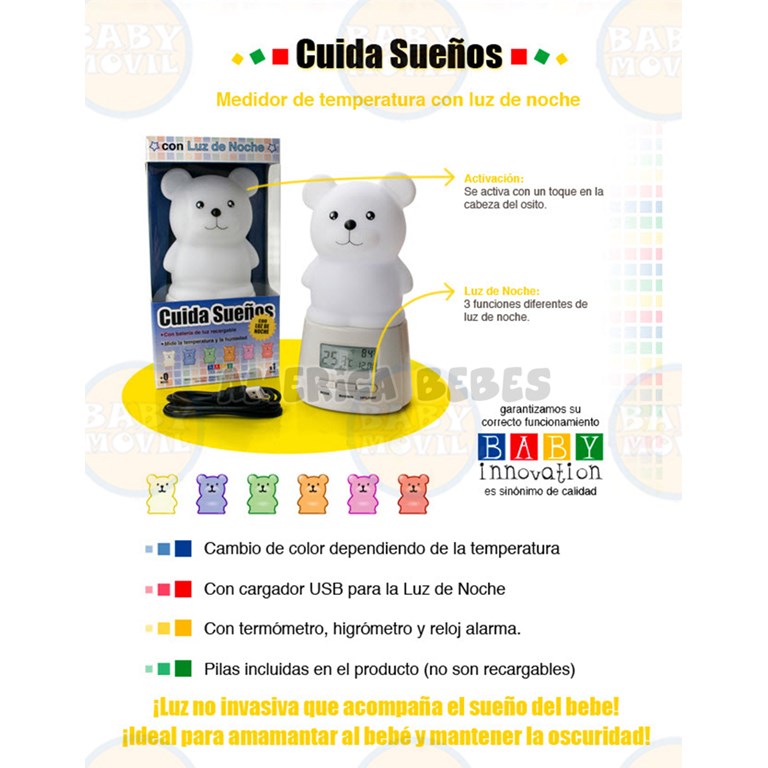 Cuida sueños. Modelo Oso. Luz de noche con medidor de temperatura y humedad. Bateria recargable, Baby Innovation.