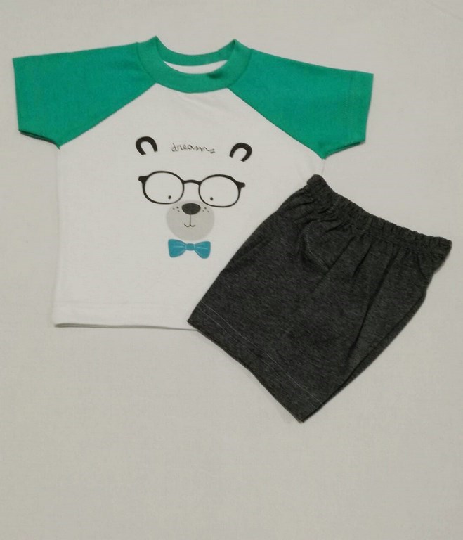 Set 4 piezas, body bordado con ranita y gorro en interlock liso, con chaleco en plush 'pielde oso', nena y varón. Dreams