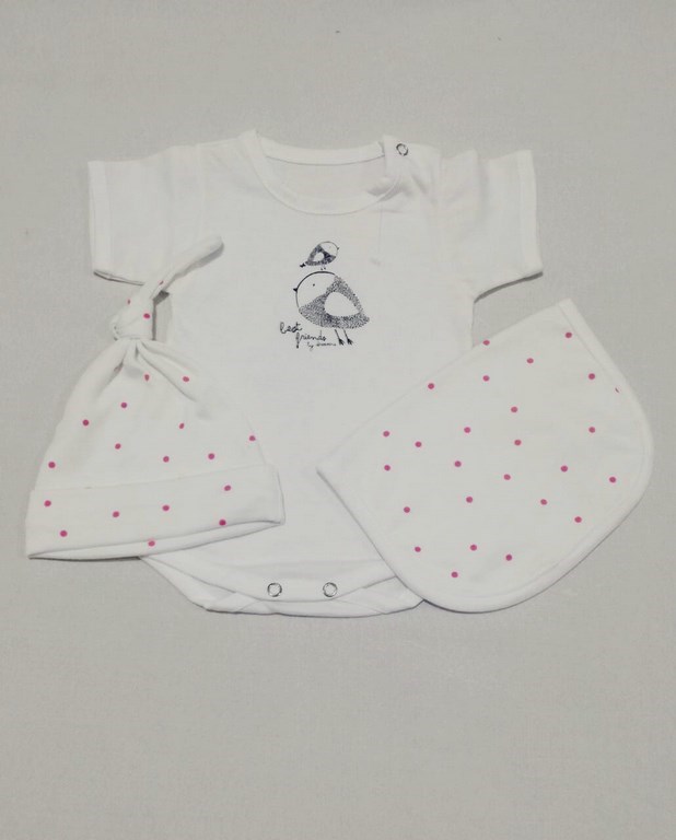 Conjunto bebé en jacquard liso, remera, pabtalón con volados, bordado. Dreams