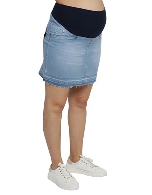 POLLERA DE JEAN CELESTE CON RUEDO DESCOCIDO FAJA CRUZADA QUE SERA