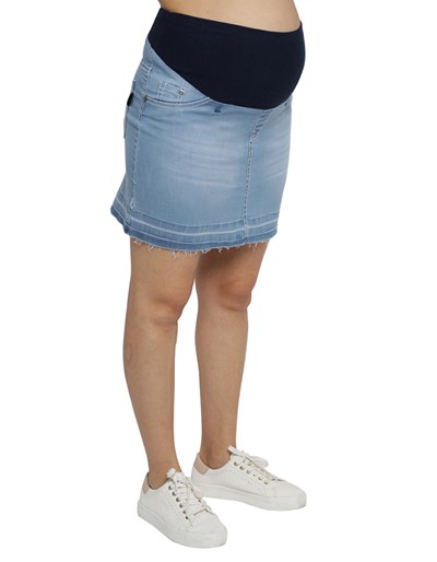 POLLERA DE JEAN CELESTE CON RUEDO DESCOCIDO FAJA CRUZADA QUE SERA