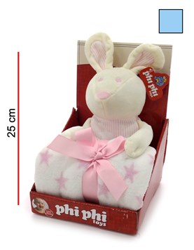Manta con conejo,perro y león rosa y celeste en caja 25cm. Surtido: 6 MODELOS. Phi Phi Toys