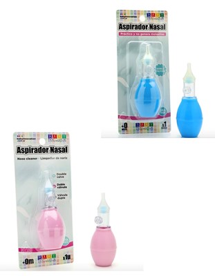 Aspirador nasal. Pico siliconado y sistema de doble válvula, para aspirar sin expulsar aire en los orificios nasales. COLOR AZUL y ROSA Baby Innovation.