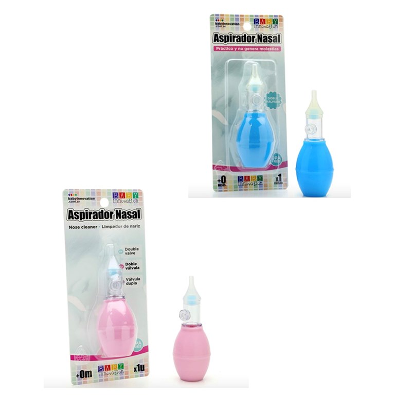 Aspirador nasal. Pico siliconado y sistema de doble válvula, para aspirar sin expulsar aire en los orificios nasales. COLOR AZUL y ROSA Baby Innovation.