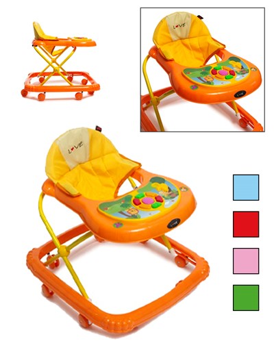 Andador muscical giratorio.  6 ruedas. Giro 360 grados. Plegable. Bandeja de música con luces. 2 juguetes de plástico. 1 barral de juguetes. Medidas: 65x65x55cm. Love