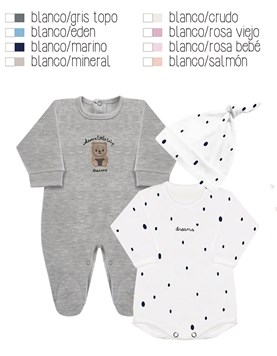 Set de ranita gorro y body en interlock liso con bordado central combinado con batita estampada animalitos colores unisex nena y varon dreams