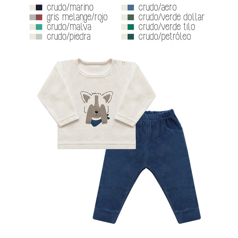 Conjunto en plush de buzo y pantalo´n a contratono, con detalle de bordado central. Disponible en tonos de varo´n. Dreams