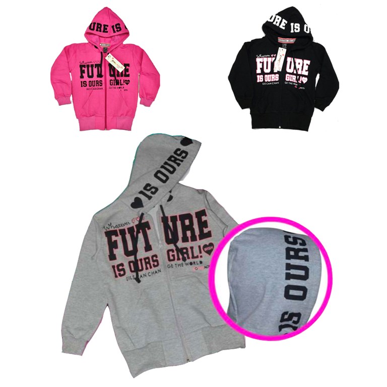 Campera rustica finita con capucha estampada ¨Future is ours girl!¨Colores surtidos. Compacto