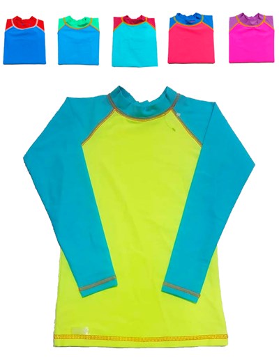 REMERA MANGA LARGA UV+50 EN COLORES DE  NENA Y VARON CON MANGA COMBINADA. PETENONE