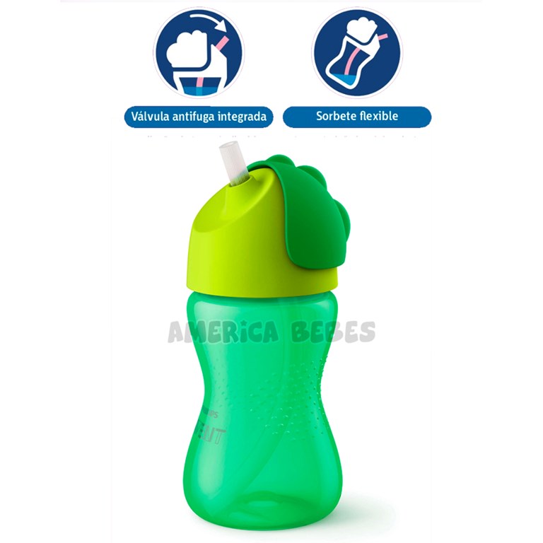 Vaso con sorbete flexible nene 300ML. iseño de válvula antifuga para evitar derrames. 12M+. Avent Philips.