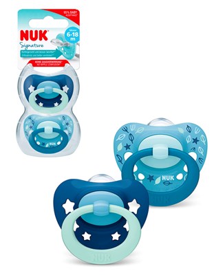 SET X2 CHUPETES  AZUL  SILICONA SIGNATURE 6-18.  NUK