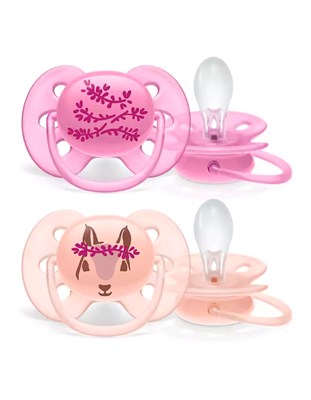 SET CHUPETES X 2 UNIDADES 6-18 MESES ULTRA SOFT PARA PIELES SENSIBLES COLOR ROSA CON ESTAMPA FLORES Y CONEJITA. AVENT.
