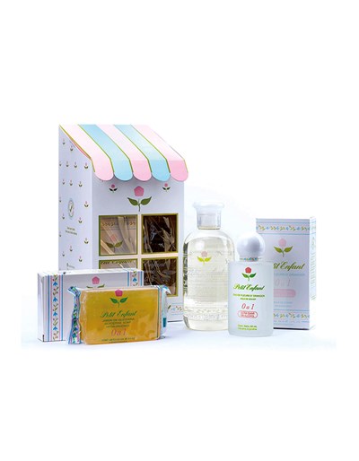 Estuche casita 0 a 1. Shampoo x240ml, Colonia x60ml, Jabon  de tocador x100gr. Petit Enfant.