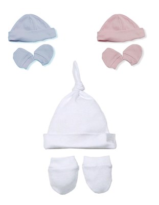 Gorrito con nudo y mitones Algodon.  Colores: Rosa-Celeste-Blanco. Pilim.