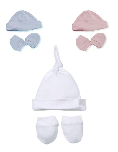 Gorrito con nudo y mitones Algodon.  Colores: Rosa-Celeste-Blanco. Pilim.