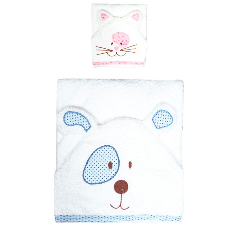 TOALLON CON CAPUCHA BORDADA PERRO GATO. PETIT BABY