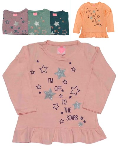 REMERA MANGA LARGA ALGODON CON VOLADOS PARA NENAS ESTAMPADA ESTRELLAS CON GLITTER POSTO5