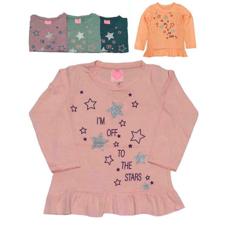 REMERA MANGA LARGA ALGODON CON VOLADOS PARA NENAS ESTAMPADA ESTRELLAS CON GLITTER POSTO5