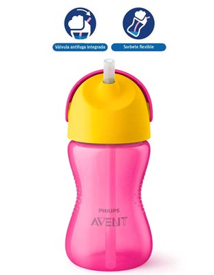 Vaso con sorbete flexible nena 300ML. iseño de válvula antifuga para evitar derrames. 12M+. Avent Philips.