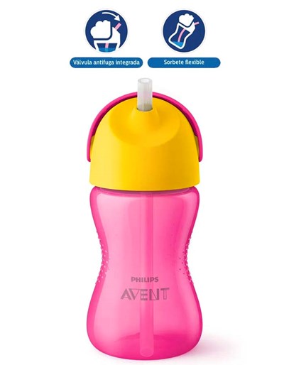 Vaso con sorbete flexible nena 300ML. iseño de válvula antifuga para evitar derrames. 12M+. Avent Philips.