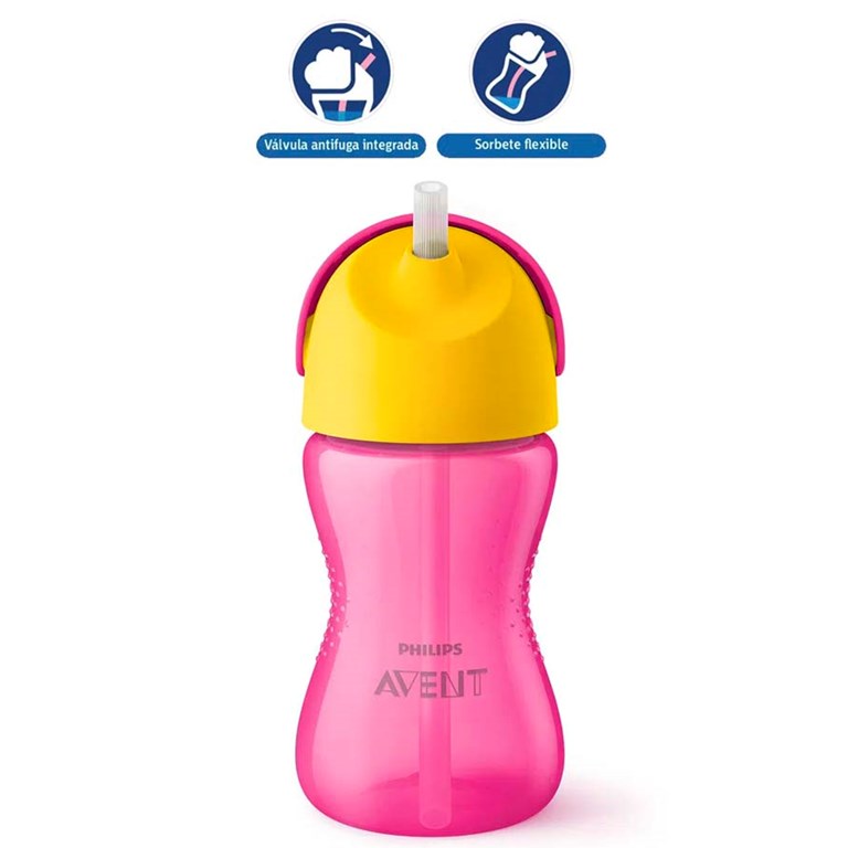 Vaso con sorbete flexible nena 300ML. iseño de válvula antifuga para evitar derrames. 12M+. Avent Philips.