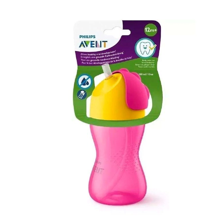 Vaso con sorbete flexible nena 300ML. iseño de válvula antifuga para evitar derrames. 12M+. Avent Philips.