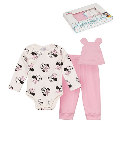 SET 3 PIEZAS, BODY BEBA MINNIE MAS PANTALON Y GORRITO EN CAJA. DISNEY