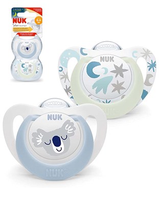 CHUPETE MODELO STAR DIA Y NOCHE KOALA CELESTE 0/6 MESES X 2 UNIDADES NUK