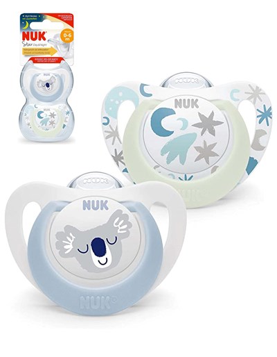 CHUPETE MODELO STAR DIA Y NOCHE KOALA CELESTE 0/6 MESES X 2 UNIDADES NUK
