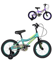R16A Bicicleta rodado 16,
 cuadro con angulos mas bajos,
 peso 5kg,
 palanca freno para niños,
 ruedas centradas con rayos y niples,
 asiento soft rueditas laterales,
 Colores: Verde/Violeta