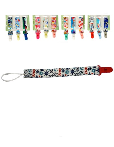 PORTA CHUPETES CINTA RAZO ESTAMPADOS CON BROCHE DE ANCLAJE