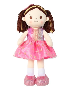 MUÑECA DE TELA CON SONIDO Y VESTIDO BRILLOSO WOODY TOYS