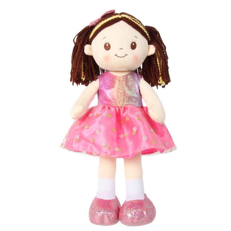 MUÑECA DE TELA CON SONIDO Y VESTIDO BRILLOSO WOODY TOYS