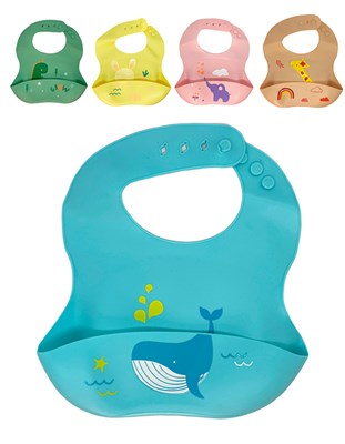 BABERO DE SILICONA REGULABLE CON BOLSILLO ESTAMPADO ANIMALES