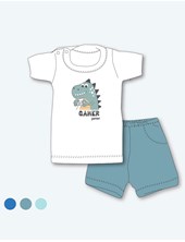 CONJUNTO REMERA MANGA CORTA ESTAMPADA DINOSAURIO PARA BEBE VARON Y SHORT COLOR LISO GAMISE