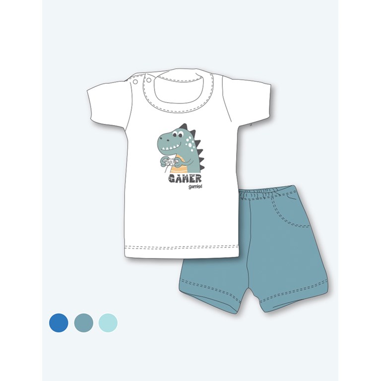 CONJUNTO REMERA MANGA CORTA ESTAMPADA DINOSAURIO PARA BEBE VARON Y SHORT COLOR LISO GAMISE