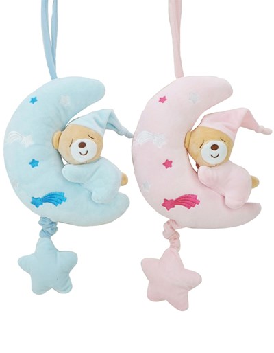 CUNERO MEDIA LUNA CON OSITO DORMILON ROSA O CELESTE 9 PULGADAS WOODY TOYS