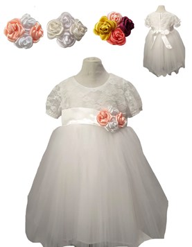 VESTIDO BAUTISMO PARA BEBA CON PECHERA DE ENCAJE Y FALDA TUL CON BOUQUET DE FLORES EN CINTURA