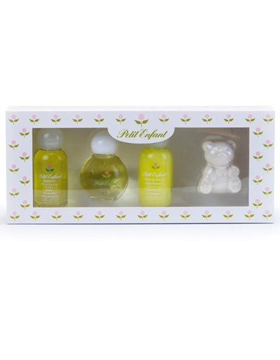 Estuche Miniautura . 0 a 1. Colonia 35ml, Shampoo 35ml, Crema de enjuague 35ml, Jabon Oso x40gr. Petit Enfant.